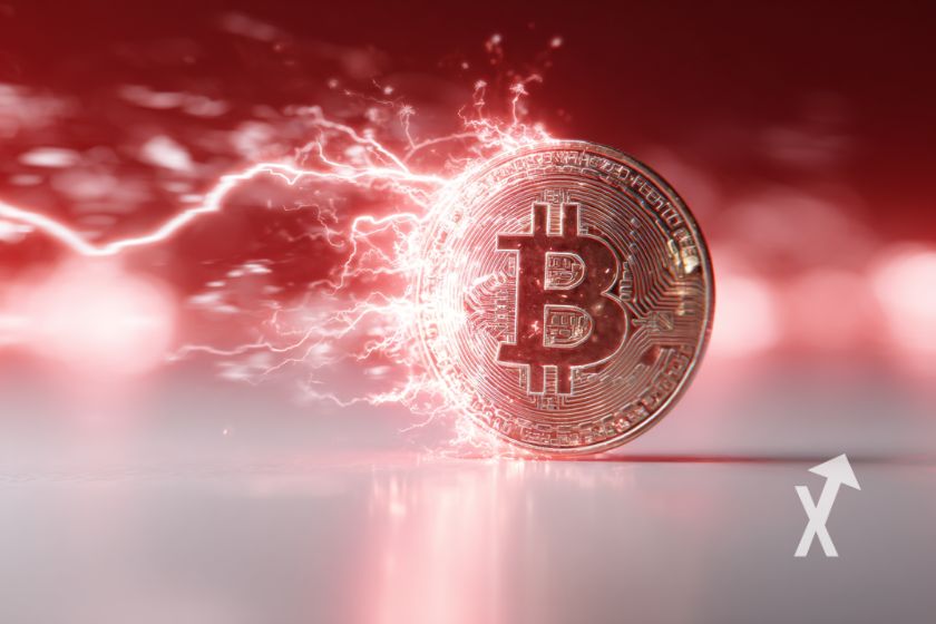 Bitcoin coin avec &eacute;lectricit&eacute; rouge autour sur un fond rouge et gris
