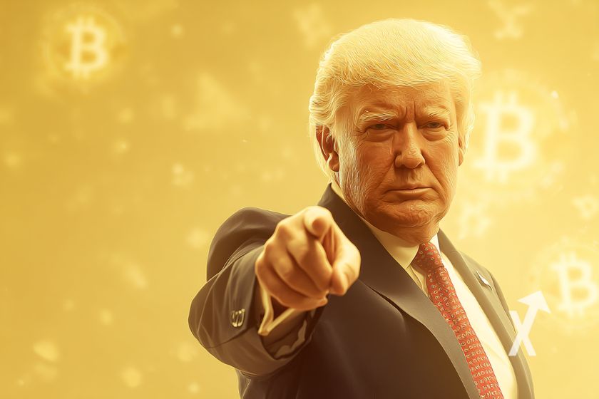 Donald trump sur un fond jaune avec bitcoin logo