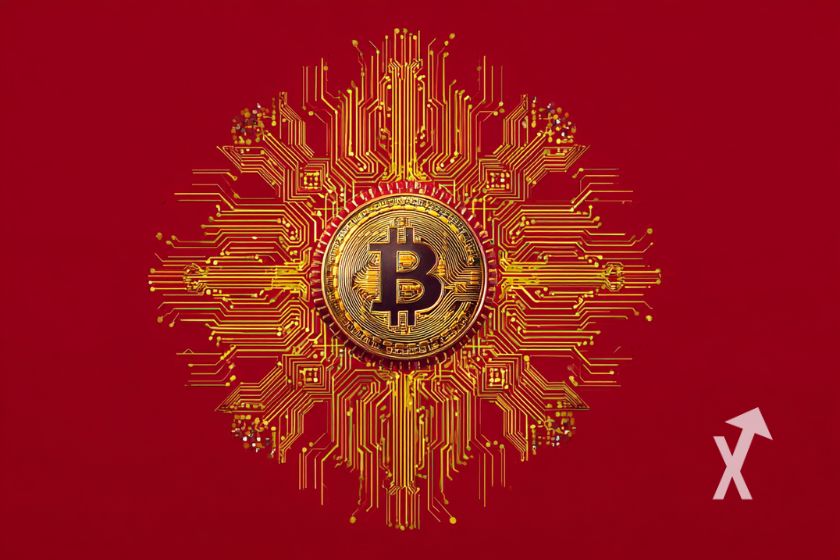 coin Bitcoin sur un fond rouge avec puce &eacute;lectronique