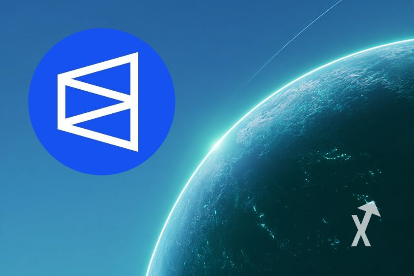 Logo Polymarket dans l'espace avec une plan&egrave;te verte