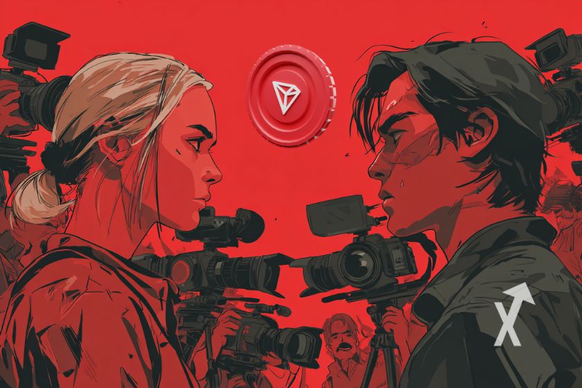 Tron coin sur un fond rouge avec une femme et un homme qui se regardent avec des paparazzis autour