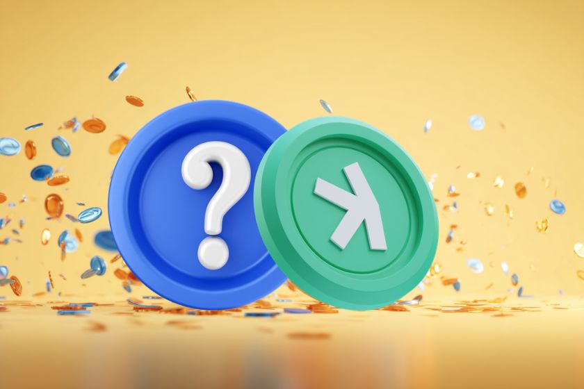 coin Kaspa avec un autre coin bleu sur un fond orange avec confettis et petis tokens