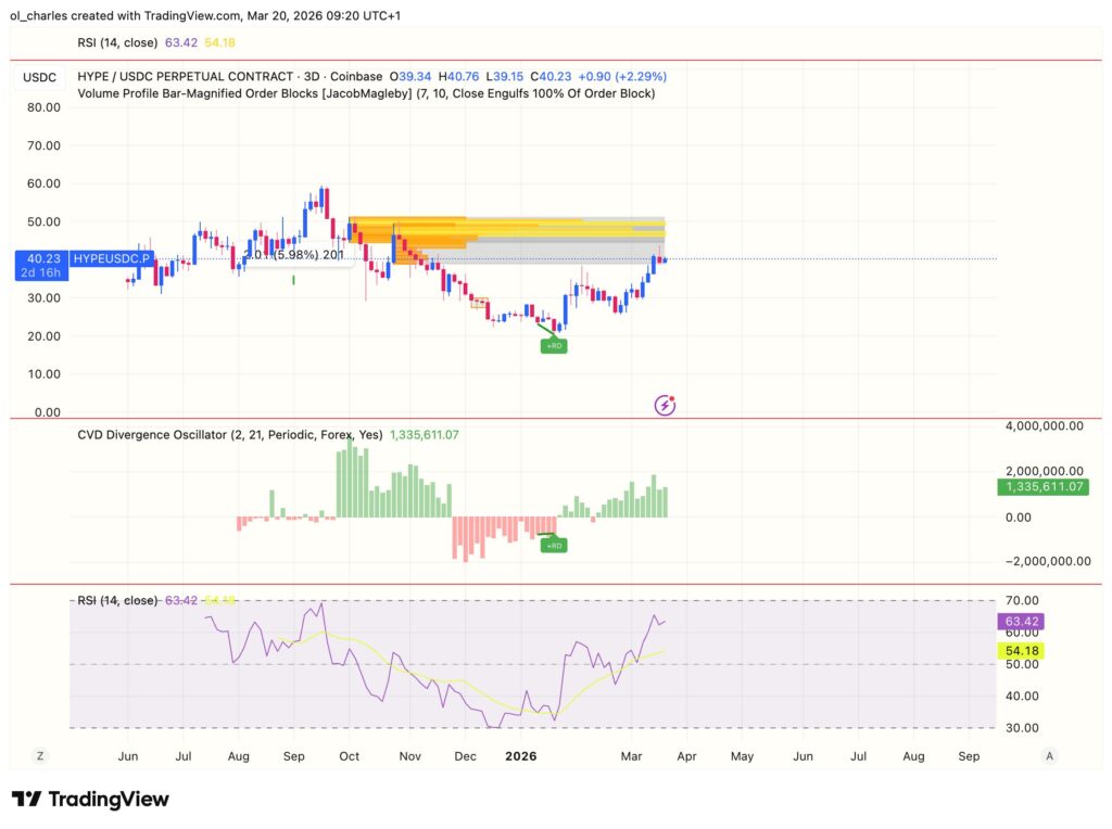 HYPE Kurs mit Order Block, RSI und CVD