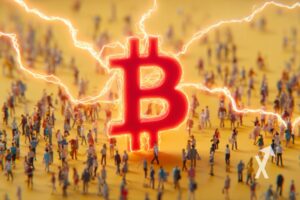 Logo Bitcoin en rouge avec &eacute;lectricit&eacute; autour sur un fond jaune avec des gens autour