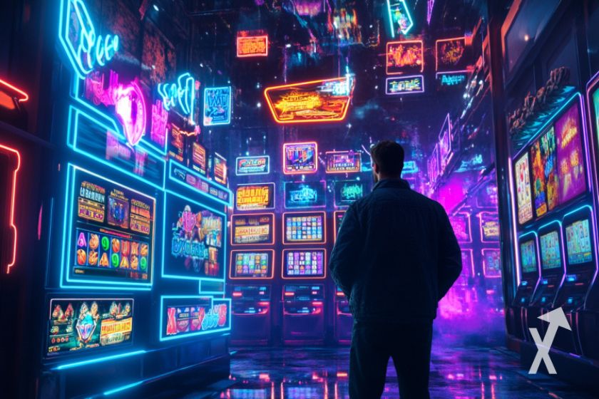 Man choosing online casino with hesitation.