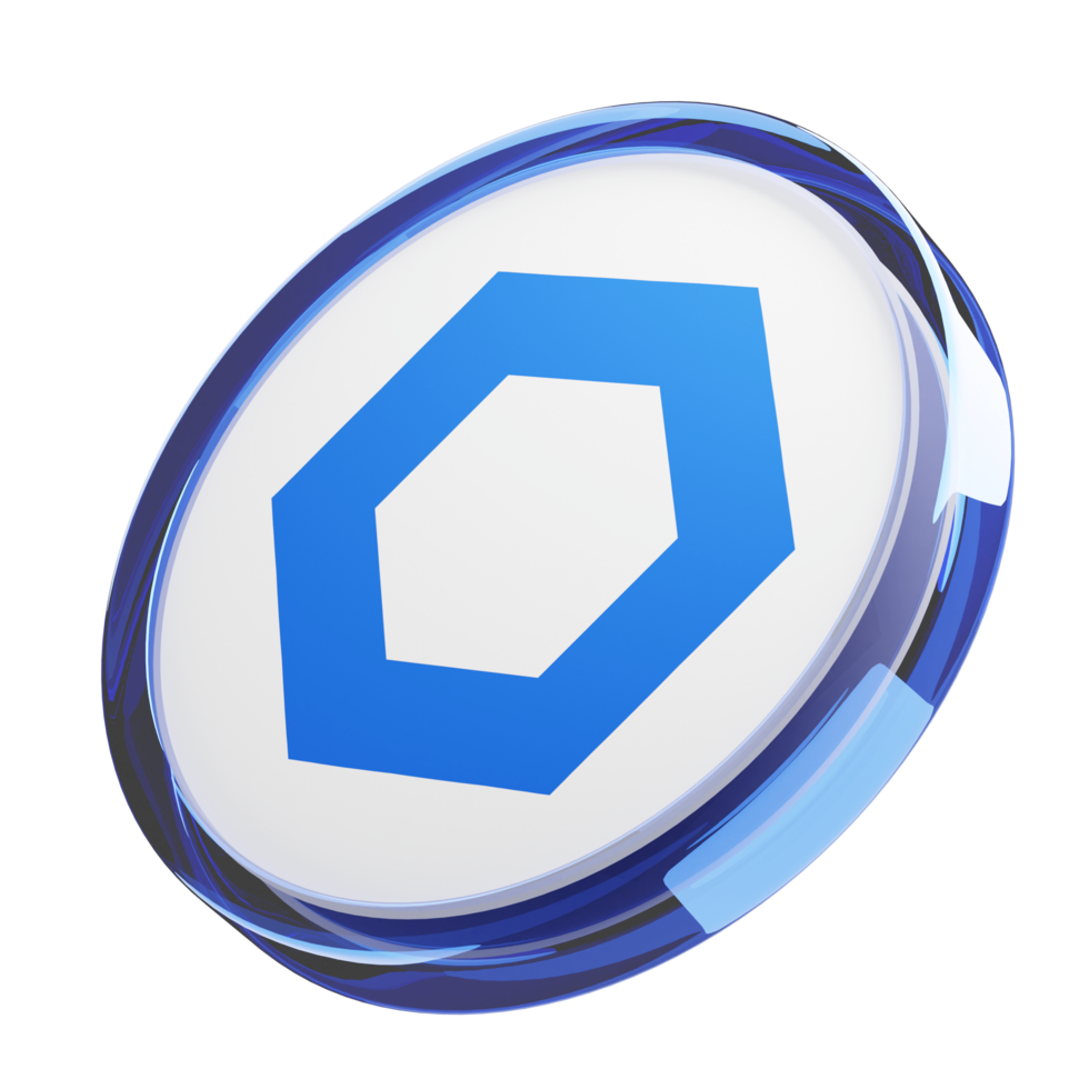 A white token with blue outlines and the Chainlink logo inside
