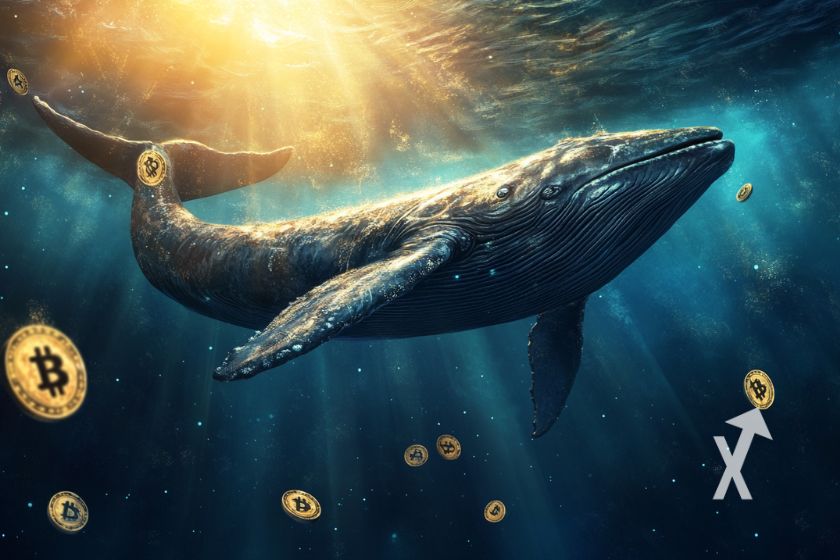 Bitcoin whale illustration in blue hues.