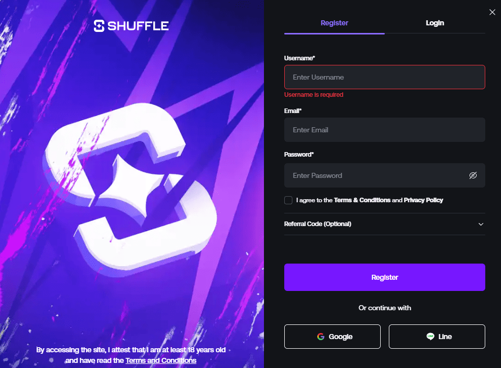 How to sign up on Shuffle Casino crypto