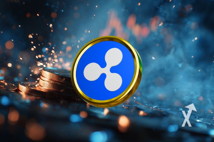 Cryptocurrency Ripple XRP logo on abstract background.