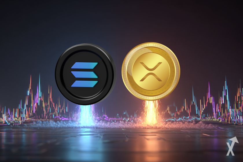 Cryptocurrency logos: XRP and Solana.
