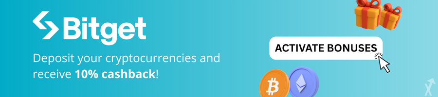 Bitget banner with 10% cashback bonus on a blue background and an “activate bonus” button surrounded by gifts and two tokens