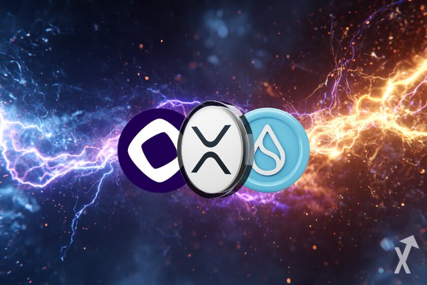 "Individual XRP coins sparkle amid colors."