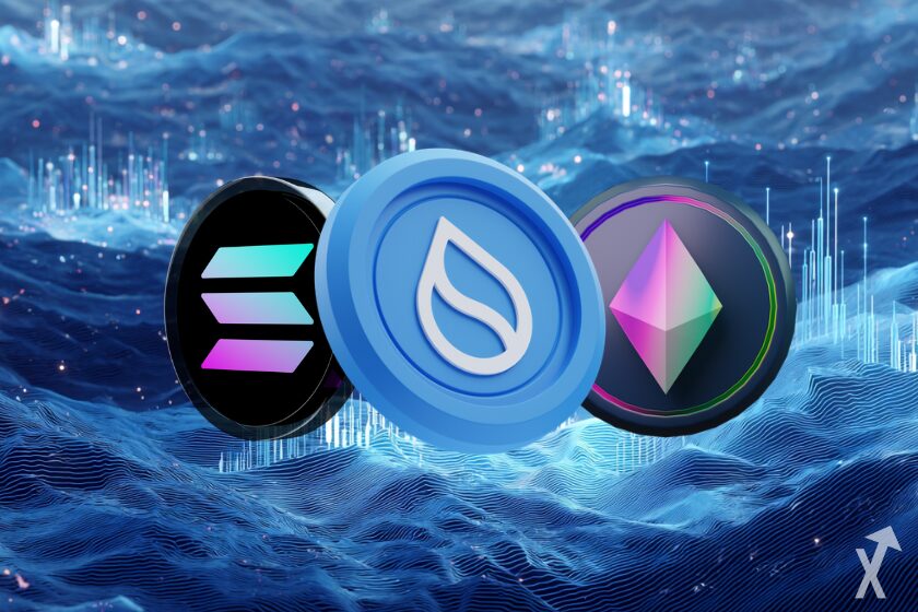 Blue crypto waves with SUI, ETH, SOL coins.