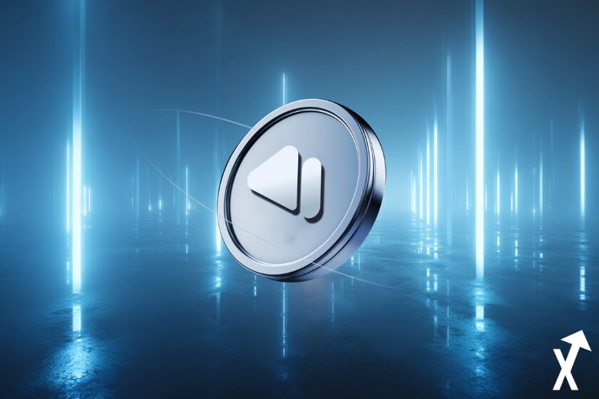 Grey coin crypto on bright blue.