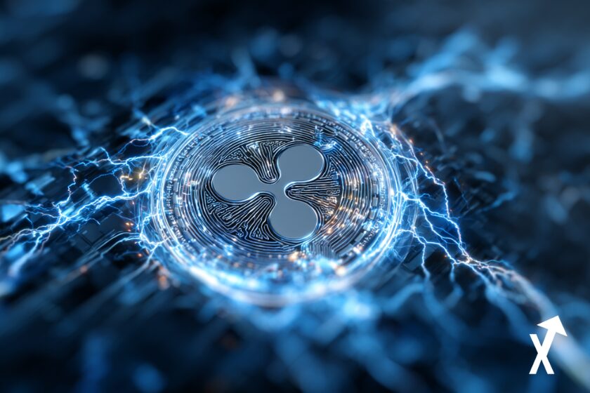 Blue glowing XRP Ripple coin.