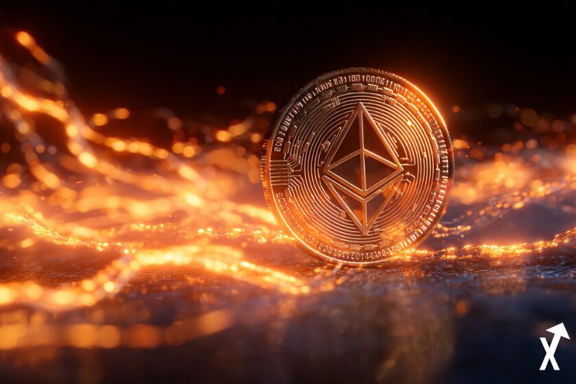 Ethereum coin engulfed in fiery waves.