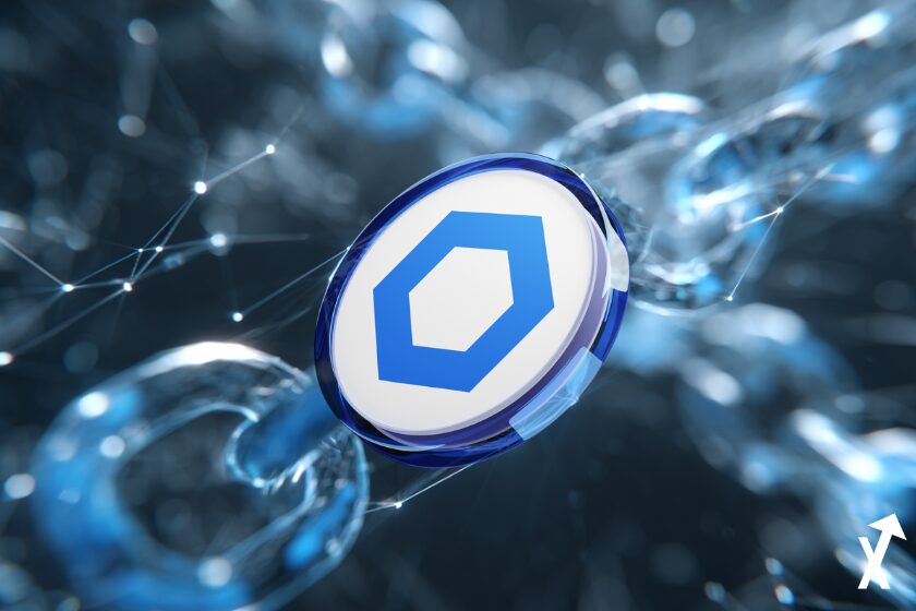 "Blue Chainlink logo above decentralized node network"
