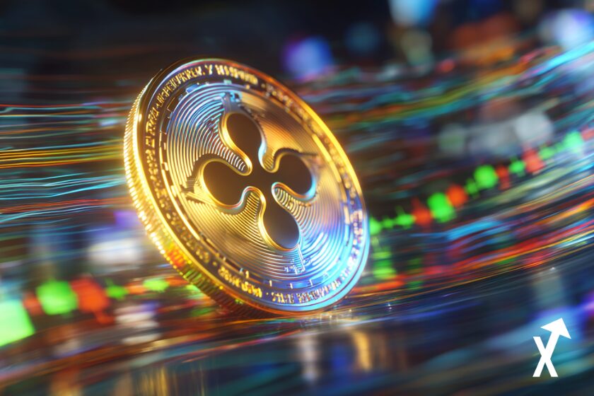 Colorful blurred background of XRP token.