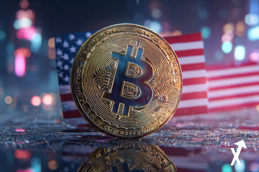 Bitcoin coin on American flag background.