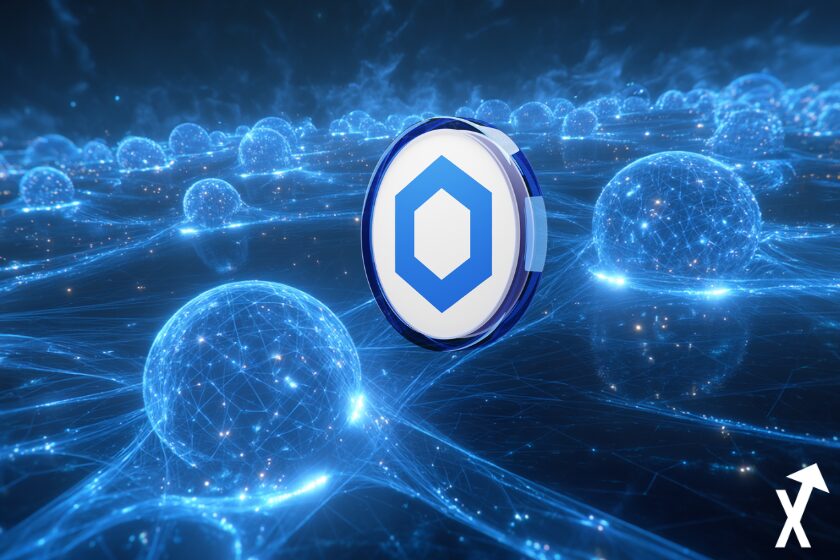 Chainlink cryptocurrency with bright blue spheres.