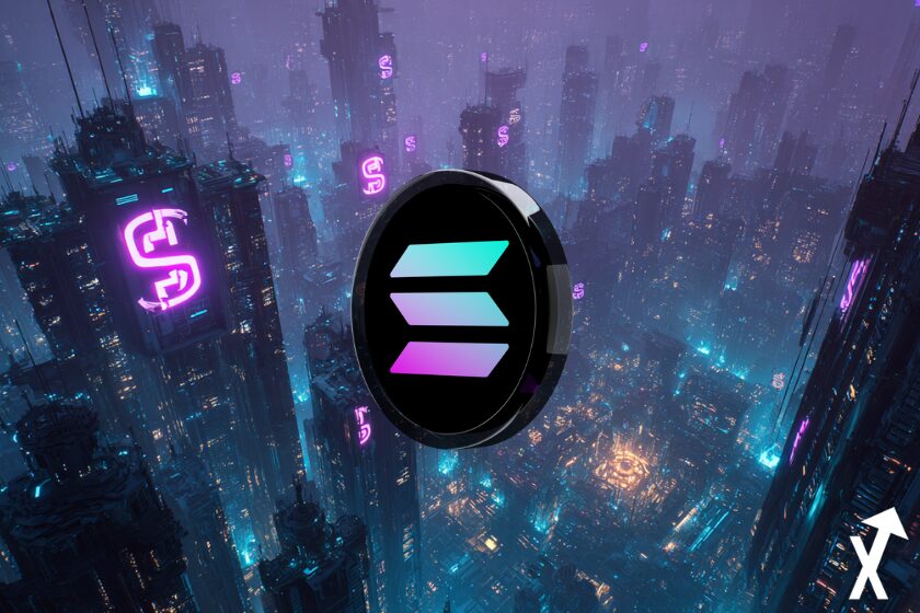 "Solana logo on futuristic city background"