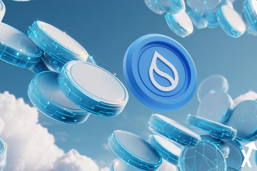 Blue crypto coin with falling blue tokens against cloudy background. (Note: "jetons" in French can mean tokens or chips, depending on the context.)