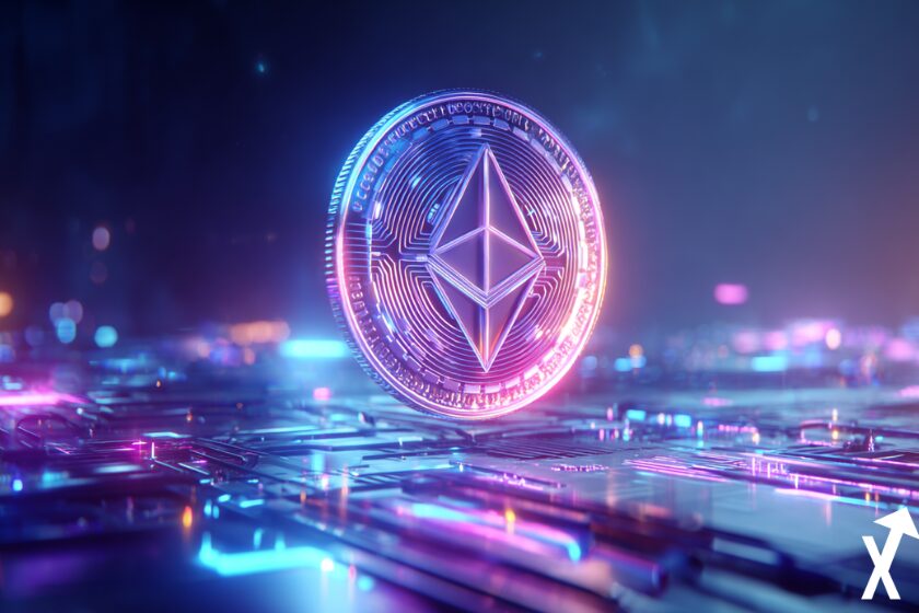 Neon purple Ethereum coin on bright blue and purple background.