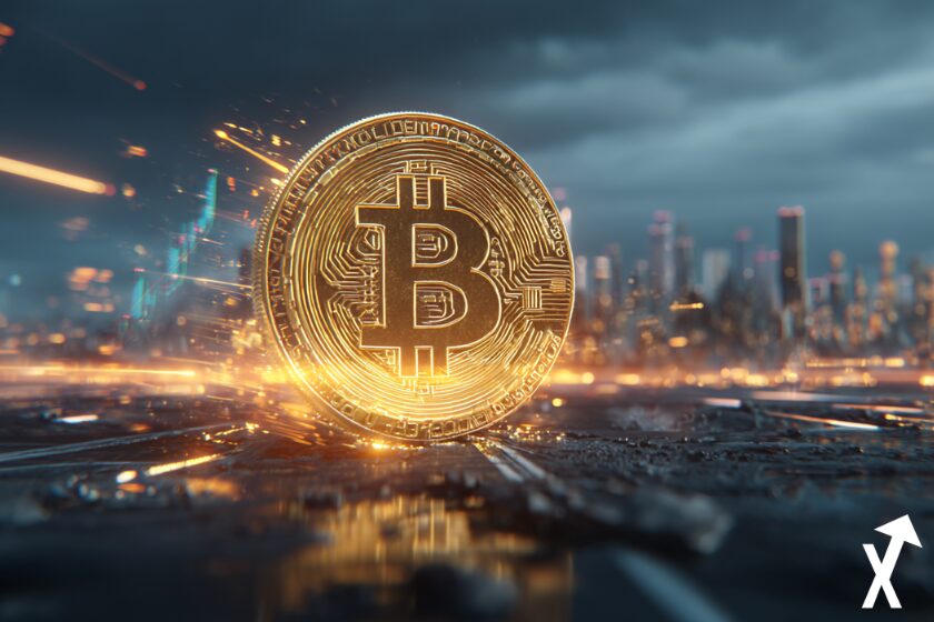 Illustration of glowing Bitcoin on digital surface with futuristic city background, symbolizing crypto market power.