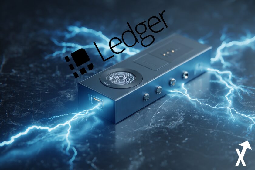 "Black ledger hardware with blue surroundings and neon blue sparks"