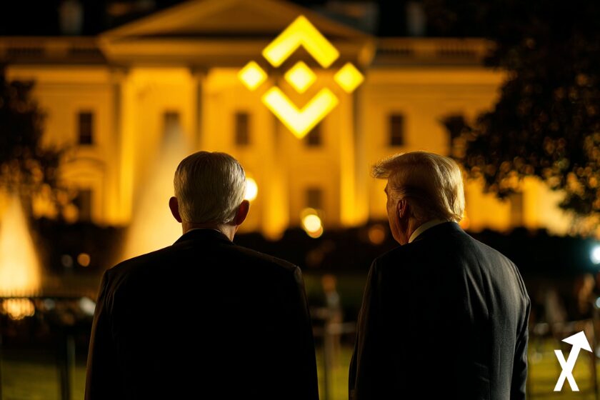 Binance CEO and Trump overlooking White House with glowing Binance logo projected on facade. Dramatic political scene, golden background.