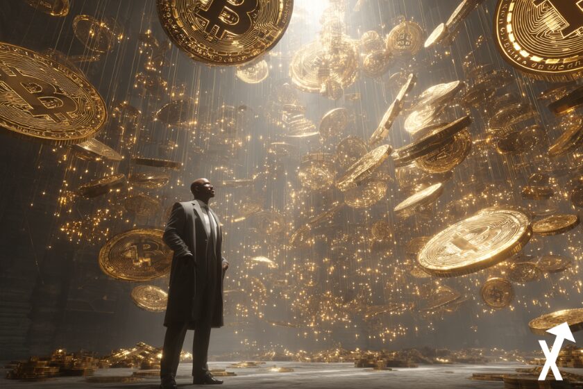 Arthur Hayes standing in futuristic financial environment with floating giant Bitcoins, glowing gold bars, market funds, holographic charts displaying rising prices. Golden and metallic ambiance.