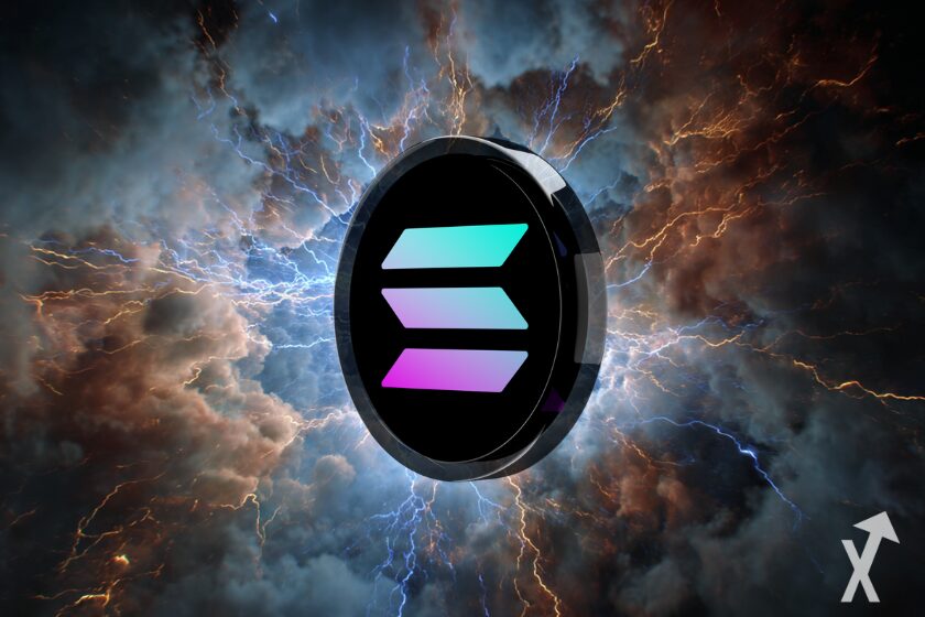 "Solana cryptocurrency digital coin logo."