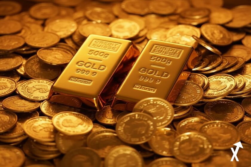 Two gold bands among many gold pieces