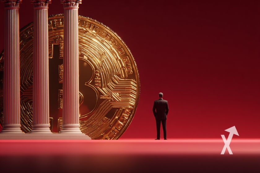 Giant bitcoin, insider trading in suit.