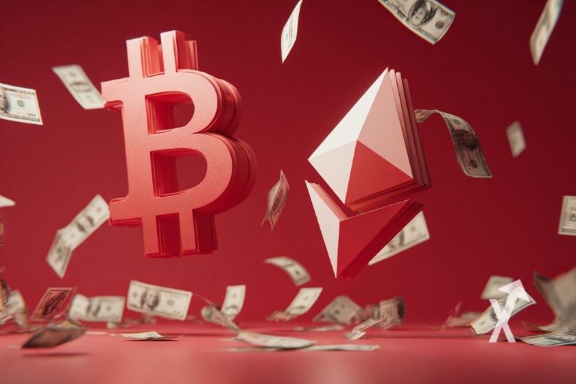 Bitcoin and Ethereum logos with flying dollar bills on red background.