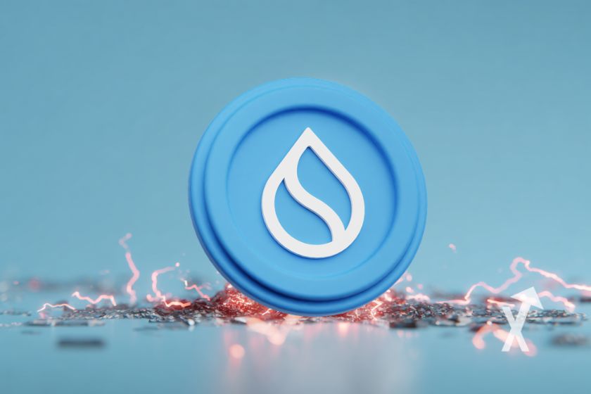 SUi token with red electricity on light blue background.