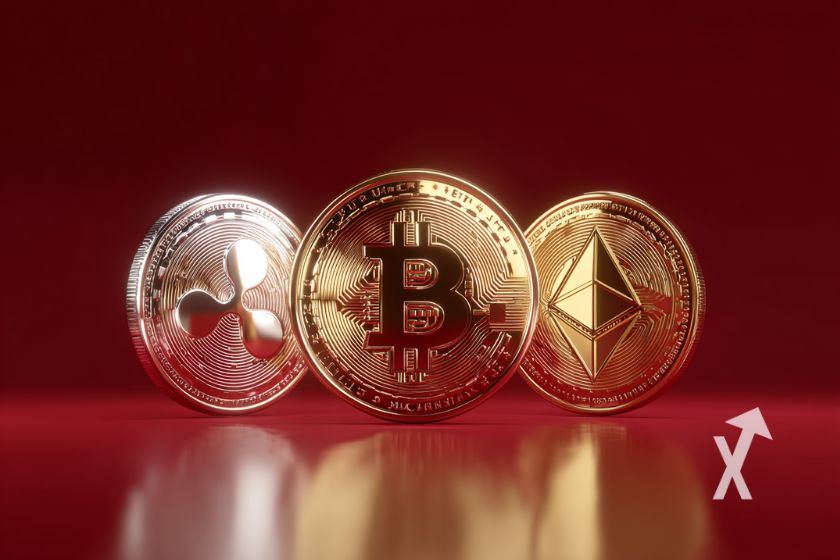 3D XRP, BTC, ETH coins on red background.