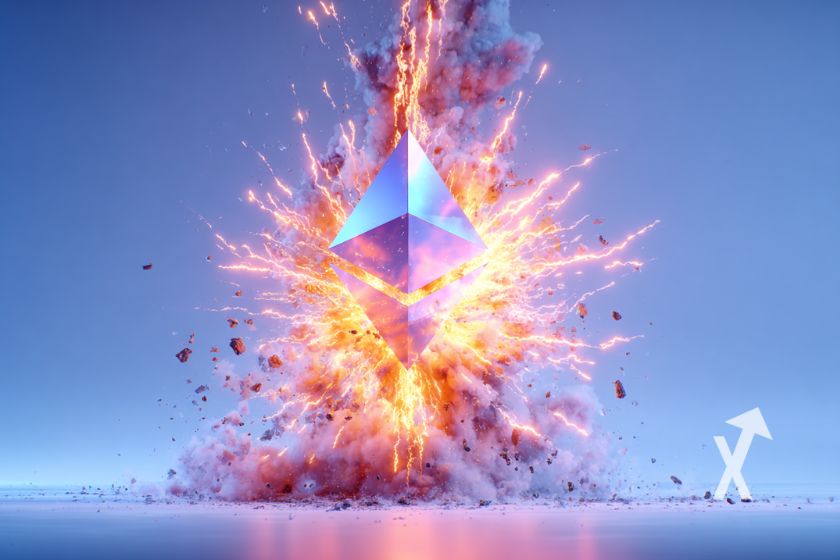 "Ethereum logo exploding with sparks on dark blue background."
