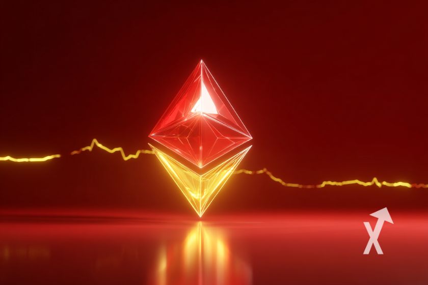 Ethereum logo in red and yellow.