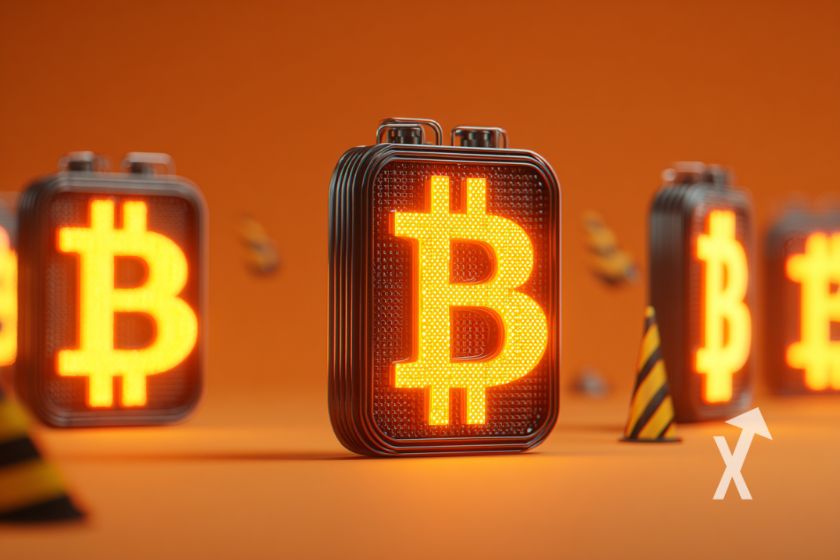 "Bitcoin logo on ASIC machines against orange background"