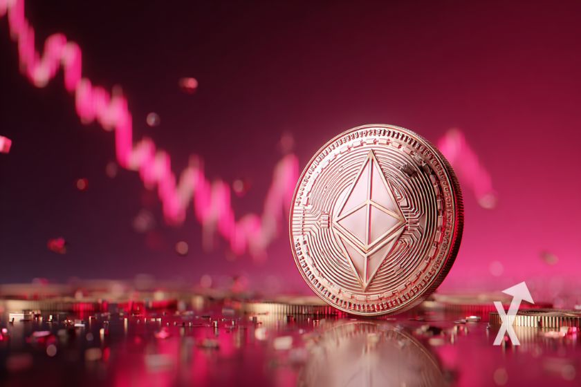 "Ethereum coin on pink background with descending trendline chart and gold on floor"
