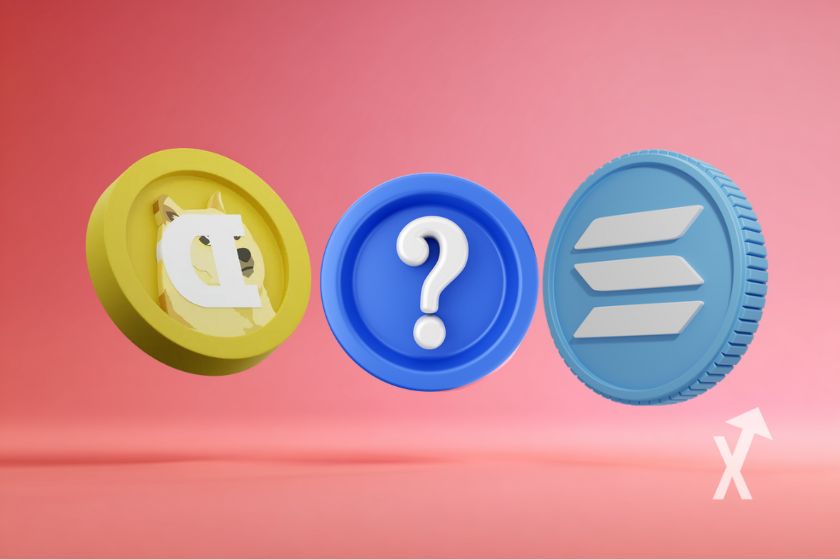 3D coins with SOL and DOGE on pink background with electricity around tokens.