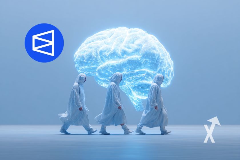 "3 people in white with digital brain behind on blue background with Polymarket logo"