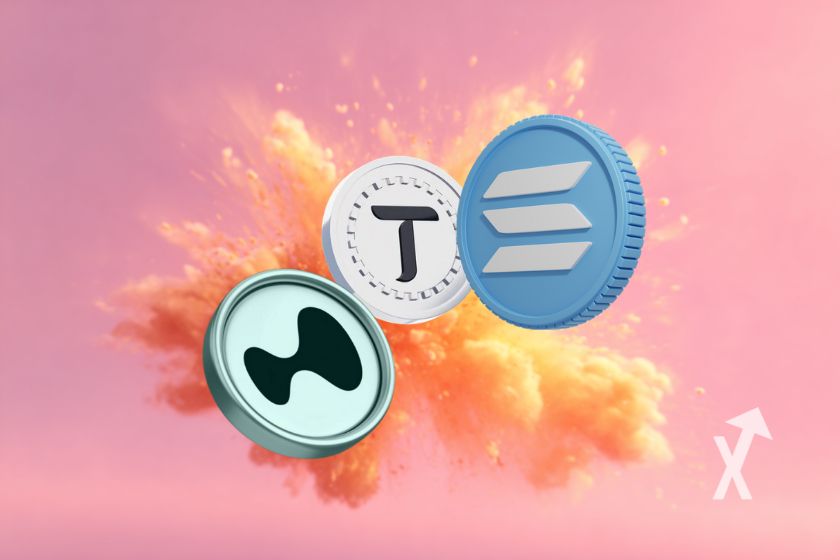 SOL, HYPE, TAO tokens with pink background and explosion.