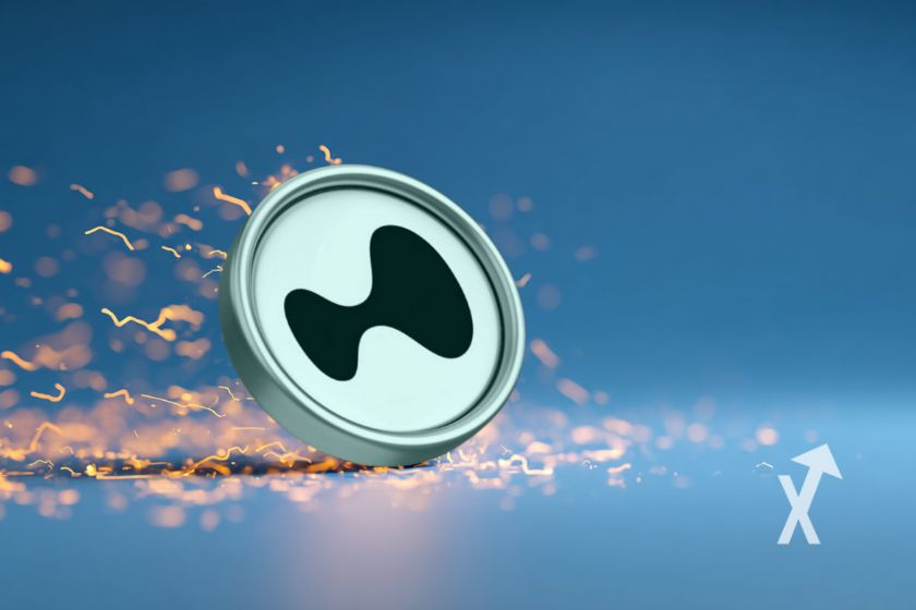 "Hyperliquid HYPE coin on blue background with sparks"