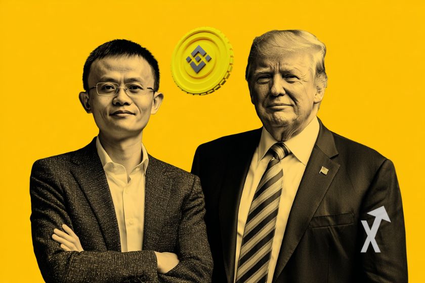 CZ and Donald Trump on yellow background with 3D corner of Binance BNB token.