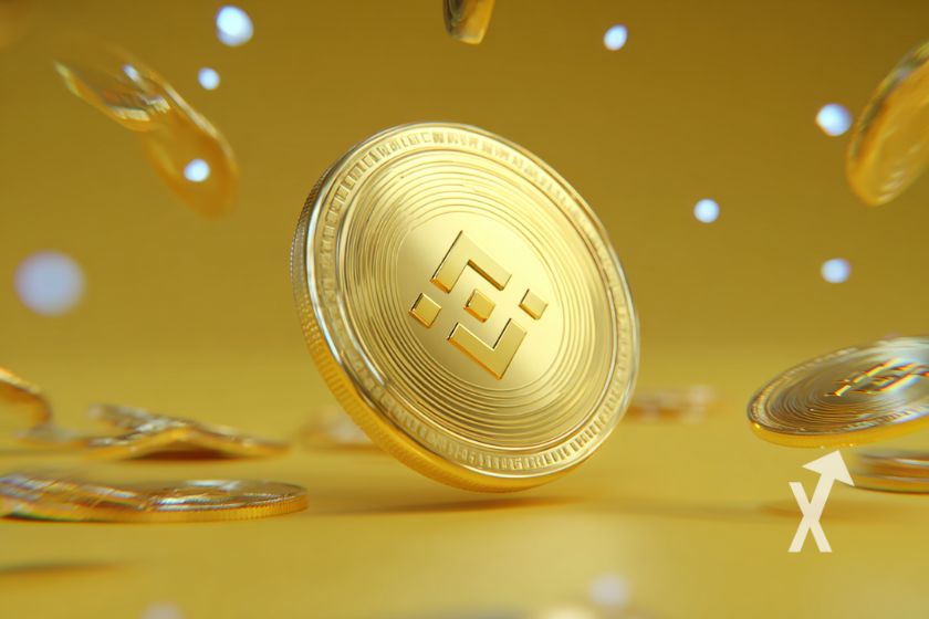 "Binance coin golden on yellow background with other coins in background."