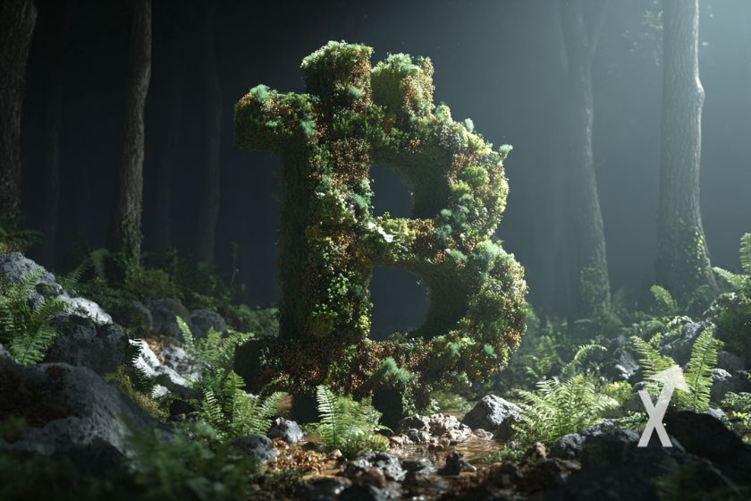 "Bitcoin logo sprouting in a forest"
