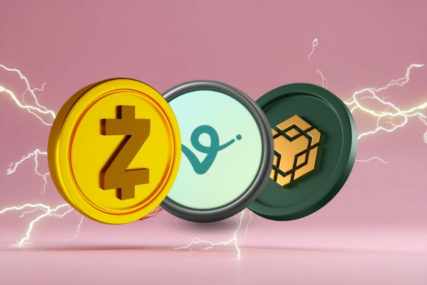 Zcash and BNB virtual coins on pink background with electricity - Virtual Zcash and BNB tokens.