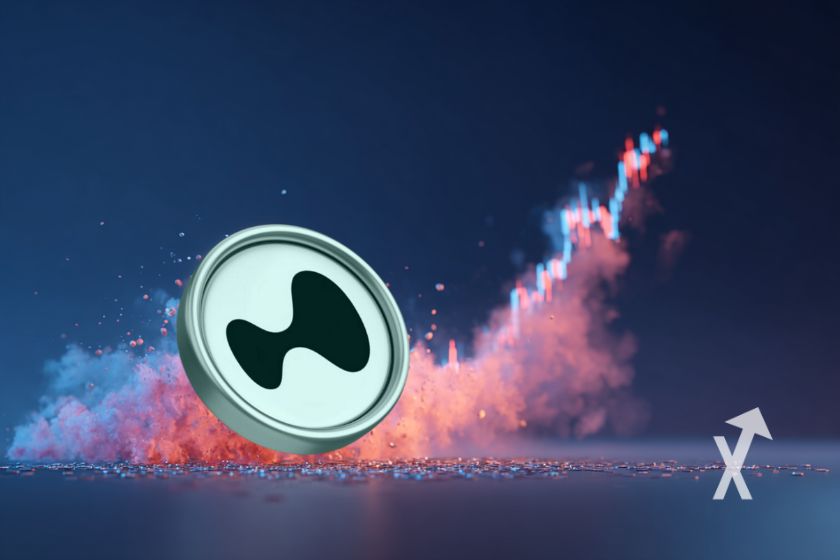 Coin in hyperliquid hype with pink smoke and trendline green and red candles on a midnight blue background.